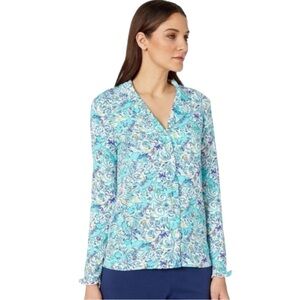 LILLY PULITZER Ruffle PJ Button Up Top in Melon Fig Tint Monkey Sea Size Small